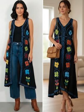 Roja Ethnic Bohemian Hand Embroidered Colorful Floral Mesh Side Slits Maxi Dress